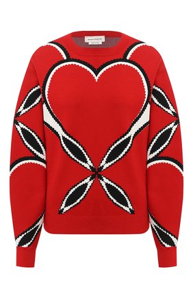 Женский пуловер из вискозы ALEXANDER MCQUEEN красного цвета, арт. 641912/Q1ARZ | Фото 1 (Длина (для топов): Стандартные; Рукава: Длинные; Женское Кросс-КТ: Пуловер-одежда; Материал внешний: Вискоза)