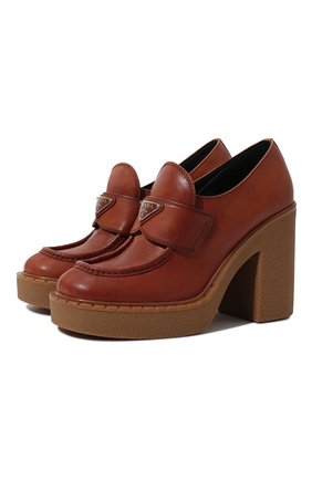 Женские кожаные туфли PRADA коричневого цвета, арт. 1D365M-3F33-F0352-110 | Фото 1 (Материал внутренний: Натуральная кожа; Каблук тип: Устойчивый; Подошва: Платформа; Каблук высота: Высокий; Материал внешний: Кожа)