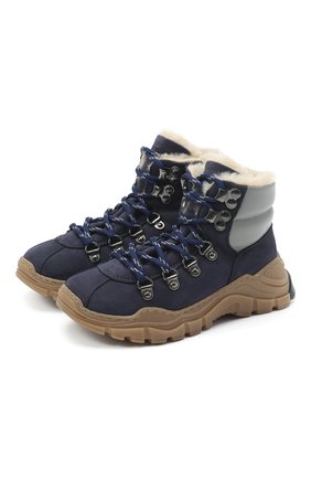 Детские кожаные ботинки EMPORIO ARMANI синего цвета, арт. XYZ003/X0R05/28-34 | Фото 1 (Кросс-КТ: хайкеры; Материал утеплителя: Натуральный мех; Материал внешний: Кожа)