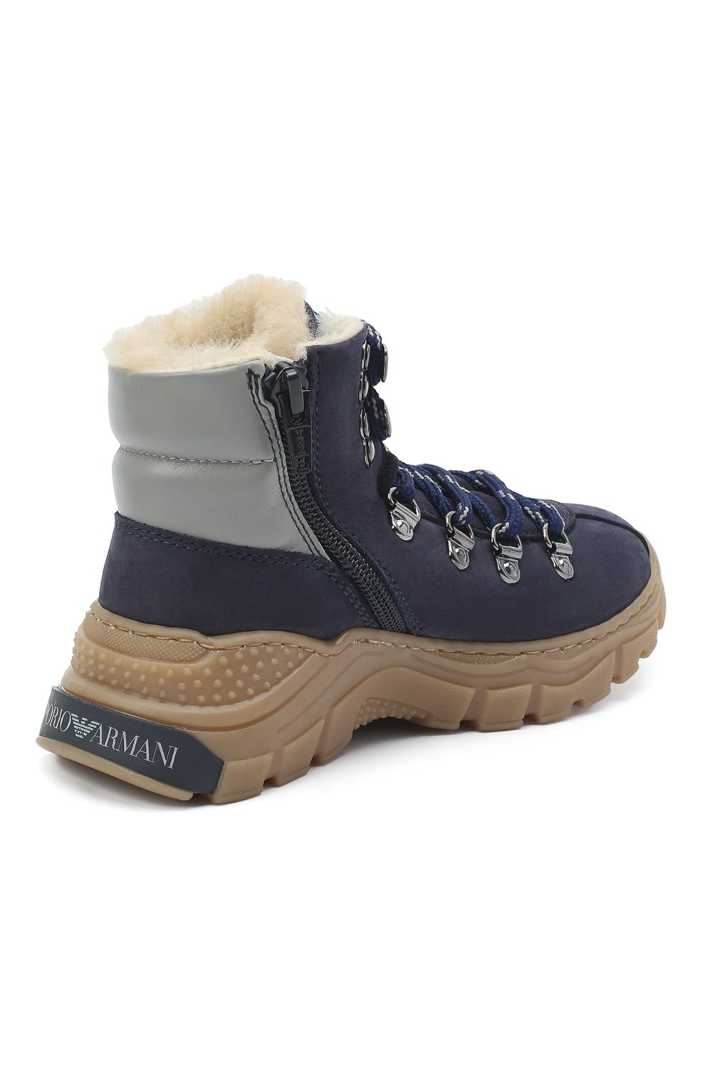 Детские кожаные ботинки EMPORIO ARMANI синего цвета, арт. XYZ003/X0R05/28-34 | Фото 3 (Кросс-КТ: хайкеры; Материал внешний: Кожа; Материал утеплителя: Натуральный мех; Региональные ограничения белый список (Axapta Mercury): RU)