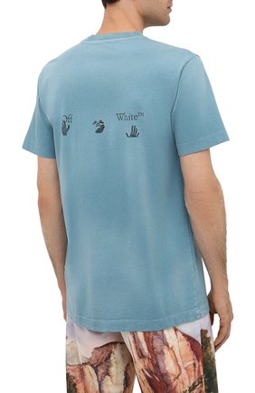 Мужская хлопковая футболка OFF-WHITE бирюзового цвета, арт. 0MAA027F20FAB0014310 | Фото 4 (Рукава: Короткие; Стили: Гранж; Принт: С принтом; Длина (для топов): Удлиненные; Мужское Кросс-КТ: Футболка-одежда; Материал внешний: Хлопок)