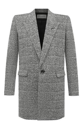 Мужской пальто SAINT LAURENT серого цвета, арт. 626703/Y1B11 | Фото 1 (Материал внешний: Шерсть, Синтетический материал; Рукава: Длинные; Материал подклада: Купро; Мужское Кросс-КТ: Верхняя одежда, пальто-верхняя одежда; Стили: Классический; Длина (верхняя одежда): До середины бедра)