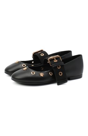Детские кожаные балетки VERSACE черного цвета по цене 29050 руб., арт. YHF00048/YB00354/30-33 | Фото 1 Детские кожаные балетки VERSACE черного цвета, арт. YHF00048/YB00354/30-33 | Фото 1