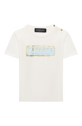Детский хлопковая футболка VERSACE белого цвета по цене 10750 руб., арт. YB000178/YA00019 | Фото 1 Детский хлопковая футболка VERSACE белого цвета, арт. YB000178/YA00019 | Фото 1