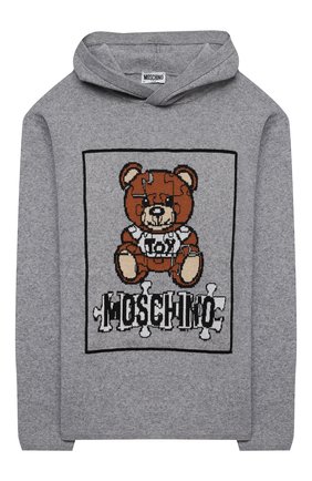 Детский хлопковый пуловер с капюшоном MOSCHINO KID серого цвета по цене 16300 руб., арт. HUW00K/LHE11/10A-14A | Фото 1 Детский хлопковый пуловер с капюшоном MOSCHINO KID серого цвета, арт. HUW00K/LHE11/10A-14A | Фото 1