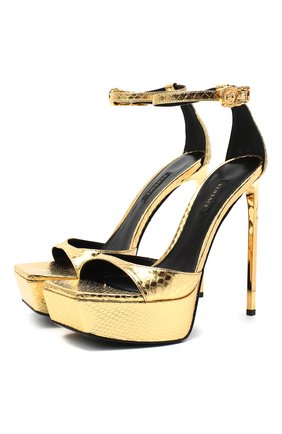 Женские кожаные босоножки safety pin VERSACE золотого цвета по цене 109500 руб., арт. DST469S/DAYL2 | Фото 1 Женские кожаные босоножки safety pin VERSACE золотого цвета, арт. DST469S/DAYL2 | Фото 1