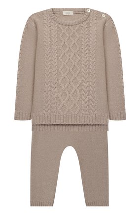 Детский комплект из пуловера и брюк BABY T бежевого цвета, арт. 20AI160C/1M-12M | Фото 1 (Материал внешний: Шерсть; Рукава: Длинные; Кросс-КТ НВ: Костюм)