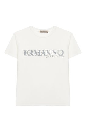 Детская хлопковая футболка ERMANNO SCERVINO белого цвета по цене 11450 руб., арт. 47I TS15 JEA/10-16 | Фото 1 Детская хлопковая футболка ERMANNO SCERVINO белого цвета, арт. 47I TS15 JEA/10-16 | Фото 1 (Рукава: Короткие; Материал внешний: Хлопок; Девочки Кросс-КТ: футболка-одежда; Ростовка одежда: 10 - 11 лет | 140 - 146см, 12 лет | 152 см, 13 - 15 лет | 158 см, 16 лет | 164 см)