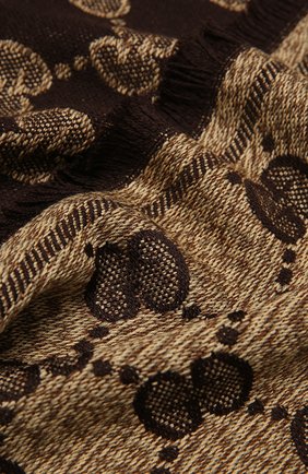 Мужской шерстяной шарф GUCCI коричневого цвета, арт. 625898/4G059 | Фото 2 (Материал: Шерсть, Текстиль; Кросс-КТ: шерсть; Мужское Кросс-КТ: Шарфы - с бахромой)