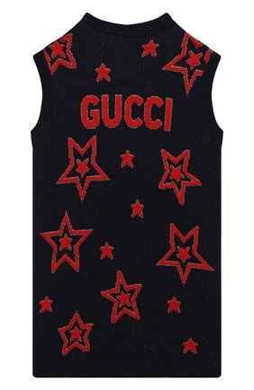 Детское шерстяное платье GUCCI темно-синего цвета по цене 24000 руб., арт. 621856/XKBGX | Фото 2 Детское шерстяное платье GUCCI темно-синего цвета, арт. 621856/XKBGX | Фото 2 (Случай: Повседневный; Девочки Кросс-КТ: Платье-одежда; Рукава: Короткие; Материал внешний: Шерсть; Ростовка одежда: 10 - 11 лет | 140 - 146см, 12 лет | 152 см, 4 года | 104 см, 5 лет | 110 см, 6 лет | 116 см, 8 лет | 128 см)