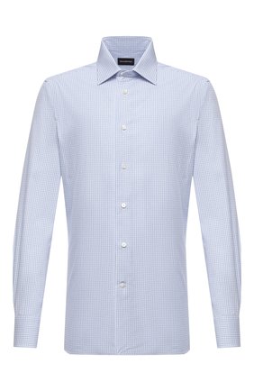 Мужская хлопковая сорочка ERMENEGILDO ZEGNA голубого цвета по цене 36650 руб., арт. 801318/9MS0PA | Фото 1 Мужская хлопковая сорочка ERMENEGILDO ZEGNA голубого цвета, арт. 801318/9MS0PA | Фото 1 (Длина (для топов): Стандартные; Рукава: Длинные; Материал внешний: Хлопок; Случай: Формальный; Стили: Классический; Воротник: Кент; Мужское Кросс-КТ: Сорочка-одежда; Манжеты: На пуговицах; Принт: Клетка)