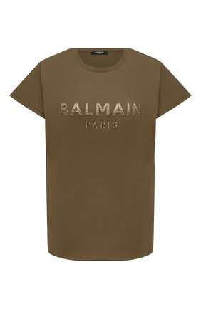 Женская хлопковая футболка BALMAIN хаки цвета по цене 26800 руб., арт. UF01351/I590 | Фото 1 Женская хлопковая футболка BALMAIN хаки цвета, арт. UF01351/I590 | Фото 1