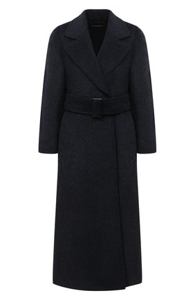 Женское шерстяное пальто EMPORIO ARMANI темно-синего цвета, арт. 9NL18T/92701 | Фото 1 (Материал внешний: Шерсть; Длина (верхняя одежда): Длинные; Материал подклада: Вискоза; Рукава: Длинные; Стили: Классический; 1-2-бортные: Однобортные)