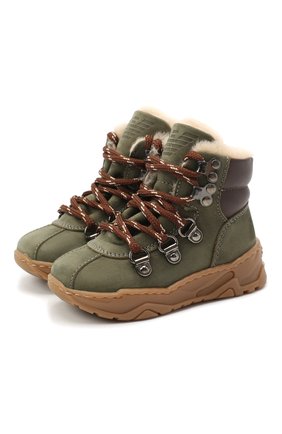 Детские кожаные ботинки EMPORIO ARMANI хаки цвета, арт. XMZ002/X0R05 | Фото 1 (Материал утеплителя: Натуральный мех; Кросс-КТ: хайкеры; Материал внешний: Кожа)