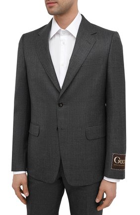 Мужской шерстяной костюм GUCCI серого цвета по цене 182000 руб., арт. 630599/ZAC6H | Фото 2 Мужской шерстяной костюм GUCCI серого цвета, арт. 630599/ZAC6H | Фото 2 (Материал подклада: Вискоза; Рукава: Длинные; Материал внешний: Шерсть; Стили: Классический, Кэжуэл; Костюмы М: Однобортный)