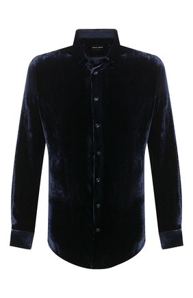 Мужская рубашка из вискозы и шелка GIORGIO ARMANI темно-синего цвета по цене 79500 руб., арт. 8WGCCZ97/TZ741 | Фото 1 Мужская рубашка из вискозы и шелка GIORGIO ARMANI темно-синего цвета, арт. 8WGCCZ97/TZ741 | Фото 1 (Рукава: Длинные; Длина (для топов): Стандартные; Случай: Повседневный; Стили: Кэжуэл; Рубашки М: Slim Fit; Воротник: Кент; Мужское Кросс-КТ: Рубашка-одежда; Принт: Однотонные; Манжеты: На пуговицах; Материал внешний: Вискоза)