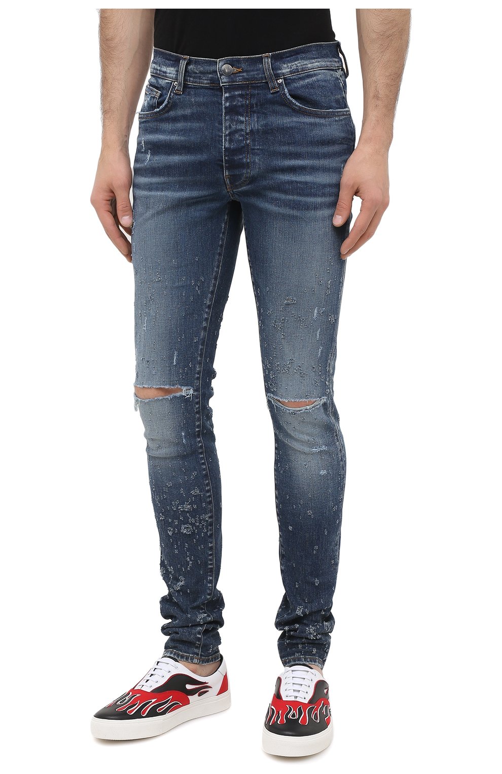 Мужские джинсы AMIRI темно-синего цвета, арт. W0M01524SD | Фото 3 (Силуэт М (брюки): Узкие; Кросс-КТ: Деним; Длина (брюки, джинсы): Стандартные; Стили: Гранж; Материал внешний: Хлопок, Деним; Детали: Потертости)
