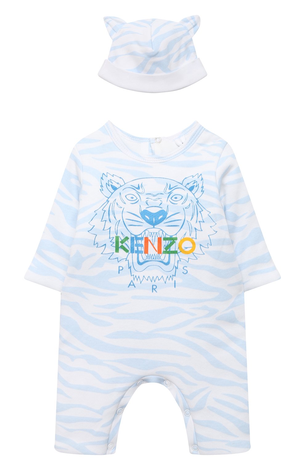 Детского хлопковый комбинезон с шапкой KENZO голубого цвета, арт. KR99533 | Фото 1