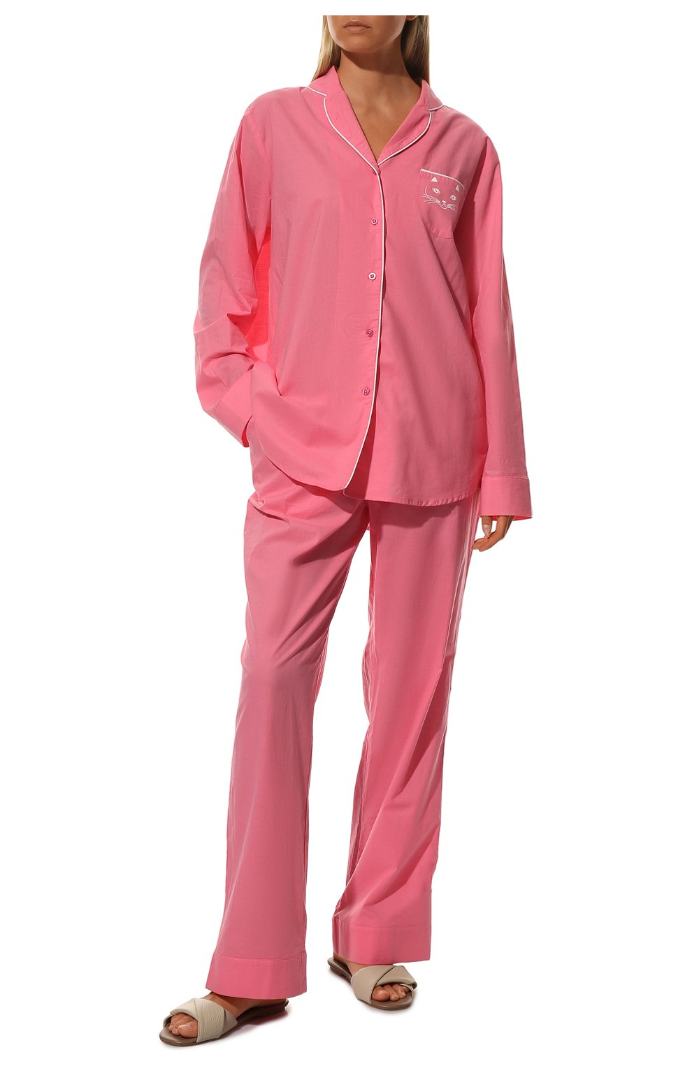 Женская хлопковая пижама NATAYAKIM розового цвета, арт. NY-025BW | Фото 2 (Рукава: Длинные; Длина Ж (юбки, платья, шорты): Мини; Длина (брюки, джинсы): Стандартные; Длина (для топов): Удлиненные; Материал внешний: Хлопок)