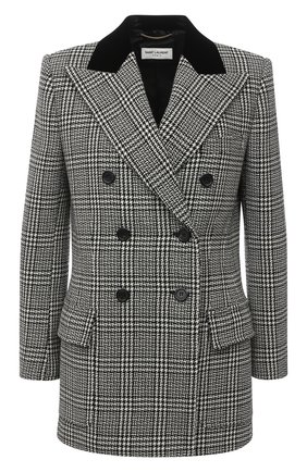Женский шерстяной жакет SAINT LAURENT серого цвета по цене 277500 руб., арт. 641430/Y7B05 | Фото 1 Женский шерстяной жакет SAINT LAURENT серого цвета, арт. 641430/Y7B05 | Фото 1 (Материал внешний: Шерсть; Материал подклада: Шелк; Рукава: Длинные; Случай: Формальный; Стили: Классический; Женское Кросс-КТ: Жакет-одежда; 1-2-бортные: Двубортные; Длина (для топов): Удлиненные)