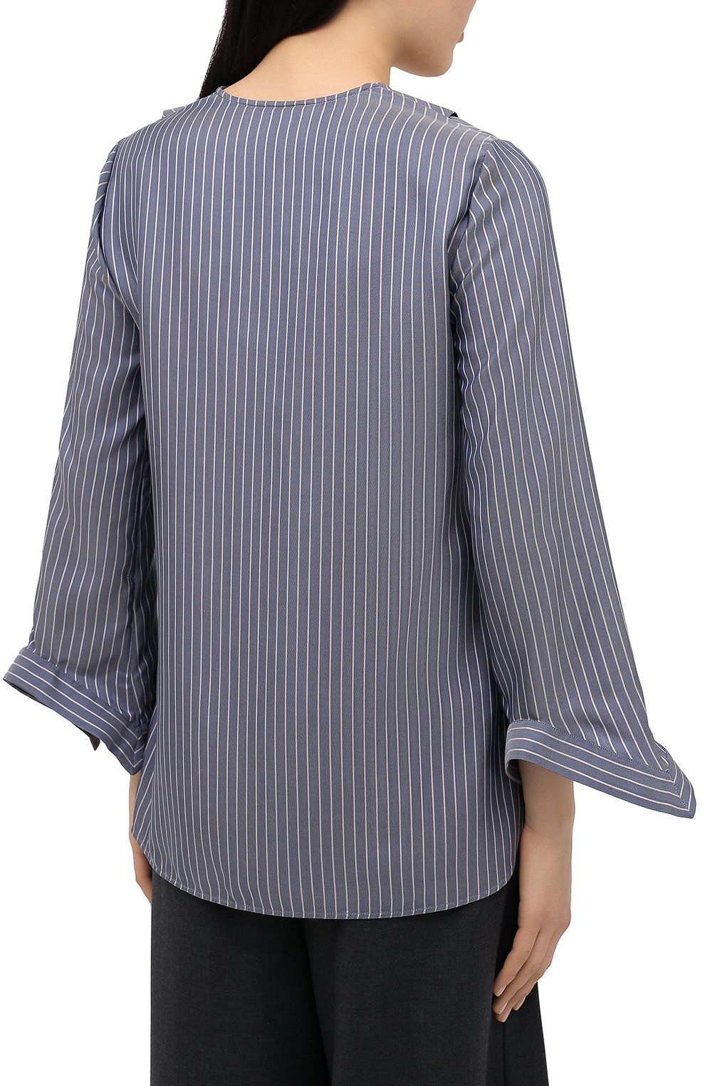 Женская шелковая блузка GIORGIO ARMANI голубого цвета, арт. 0WHCCZ24/TZ618 | Фото 4 (Материал внешний: Шелк; Рукава: Длинные; Принт: Полоска, С принтом; Длина (для топов): Удлиненные; Стили: Романтичный; Женское Кросс-КТ: Блуза-одежда)