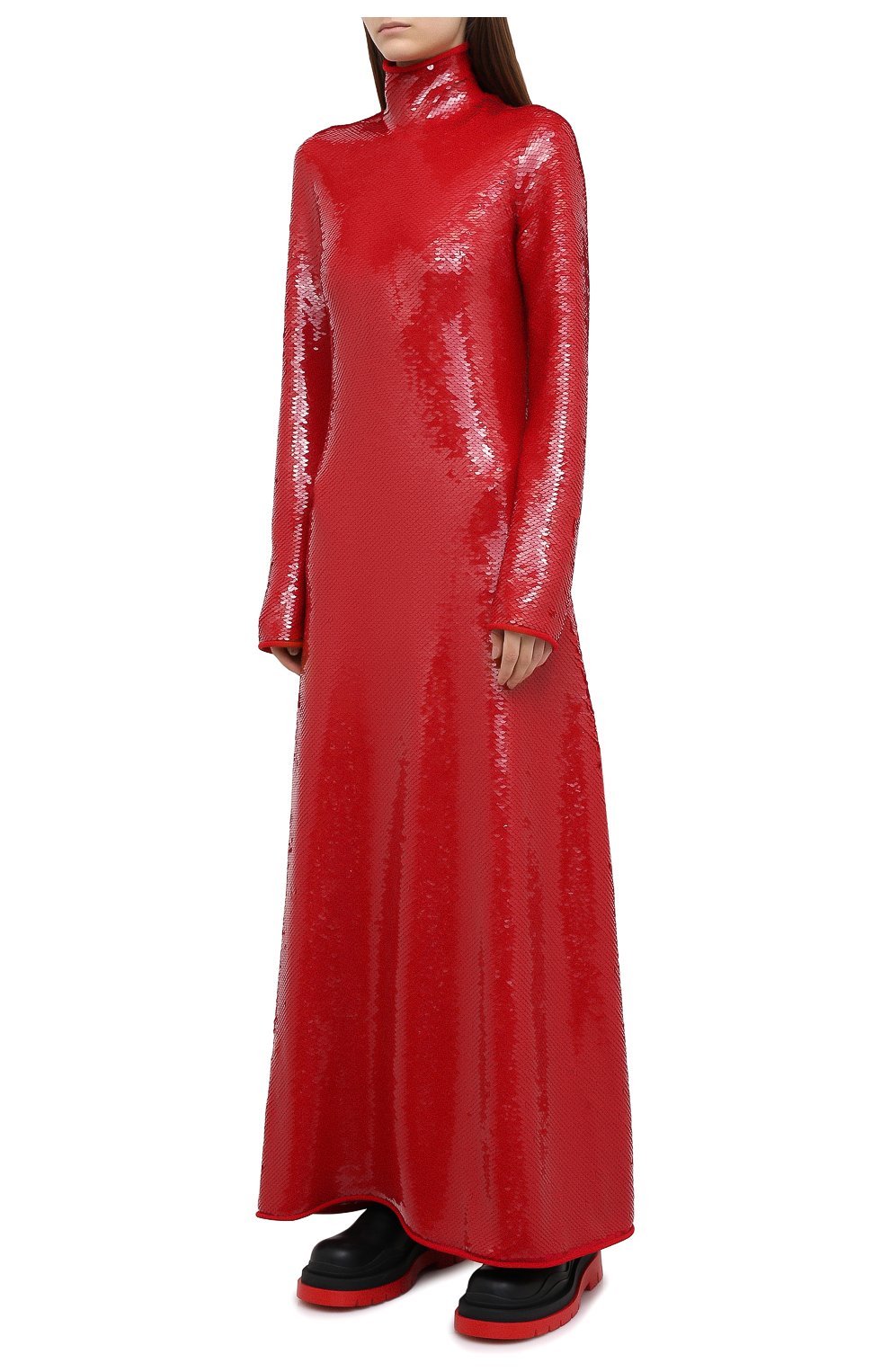 Женское платье с пайетками BOTTEGA VENETA красного цвета, арт. 636546/V07E0 | Фото 3 (Рукава: Длинные; Стили: Гламурный; Случай: Вечерний; Региональные ограничения белый список (Axapta Mercury): RU; Материал внешний: Вискоза; Длина Ж (юбки, платья, шорты): Макси; Женское Кросс-КТ: Платье-одежда)