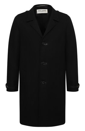Мужской шерстяное пальто SAINT LAURENT черного цвета, арт. 626834/Y1B71 | Фото 1 (Материал внешний: Шерсть; Рукава: Длинные; Длина (верхняя одежда): До колена; Материал подклада: Купро; Мужское Кросс-КТ: Верхняя одежда, пальто-верхняя одежда; Стили: Классический)