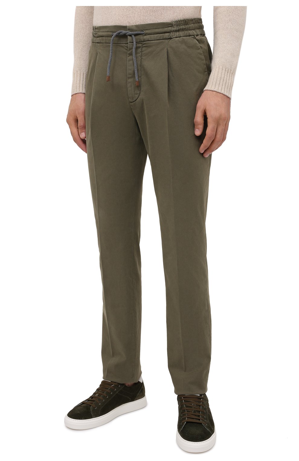 Мужские хлопковые брюки BRUNELLO CUCINELLI хаки цвета, арт. M266LE1740 | Фото 3 (Длина (брюки, джинсы): Стандартные; Случай: Повседневный; Материал внешний: Хлопок; Стили: Кэжуэл)