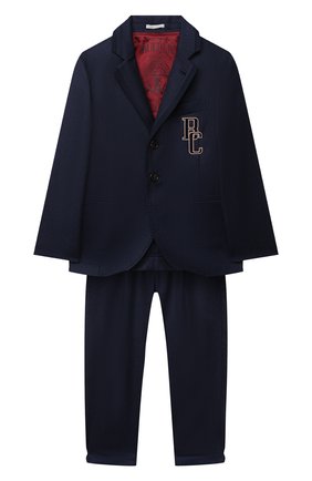 Детский шерстяной костюм BRUNELLO CUCINELLI синего цвета, арт. BE226A108C | Фото 1 (Материал внешний: Шерсть; Рукава: Длинные; Материал подклада: Купро; Кросс-КТ: костюм; Мальчики-школьная форма: Костюмы; Ростовка одежда: 12 лет | 152 см)