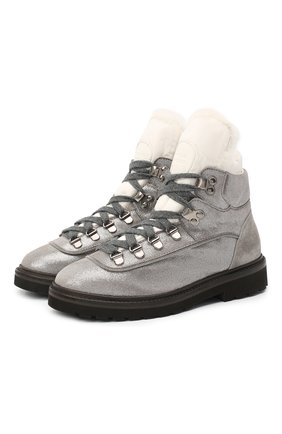 Детские кожаные ботинки с меховой отделкой BRUNELLO CUCINELLI серебряного цвета, арт. BZMICZG027 | Фото 1 (Кросс-КТ: хайкеры; Материал утеплителя: Натуральный мех; Материал внешний: Кожа)