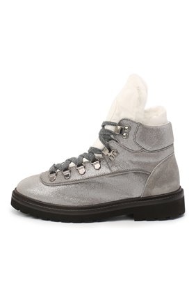 Детские кожаные ботинки с меховой отделкой BRUNELLO CUCINELLI серебряного цвета, арт. BZMICZG027 | Фото 2 (Кросс-КТ: хайкеры; Материал утеплителя: Натуральный мех; Материал внешний: Кожа)