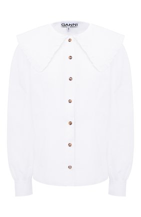 Женская хлопковая блузка GANNI белого цвета, арт. F5500 | Фото 1 (Рукава: Длинные; Материал внешний: Хлопок; Длина (для топов): Стандартные; Женское Кросс-КТ: Блуза-одежда; Принт: Без принта; Стили: Бохо)