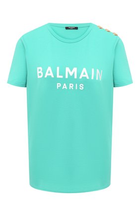 Женская хлопковая футболка BALMAIN зеленого цвета по цене 29950 руб., арт. VF11350/B001 | Фото 1 Женская хлопковая футболка BALMAIN зеленого цвета, арт. VF11350/B001 | Фото 1