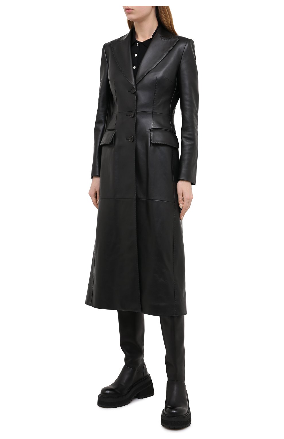 Женское кожаное пальто DOLCE & GABBANA черного цвета, арт. F0A18L/HULJ8 | Фото 3 (Рукава: Длинные; Стили: Гламурный; Региональные ограничения белый список (Axapta Mercury): RU; Материал подклада: Синтетический материал; Длина (верхняя одежда): Длинные; 1-2-бортные: Однобортные; Материал внешний: Натуральная кожа; Женское Кросс-КТ: Замша и кожа)