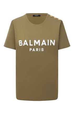 Женская хлопковая футболка BALMAIN хаки цвета по цене 31400 руб., арт. VF11350/B012 | Фото 1 Женская хлопковая футболка BALMAIN хаки цвета, арт. VF11350/B012 | Фото 1