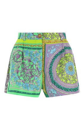 Женские шелковые шорты VERSACE разноцветного цвета по цене 64700 руб., арт. A85704/1F00385 | Фото 1 Женские шелковые шорты VERSACE разноцветного цвета, арт. A85704/1F00385 | Фото 1