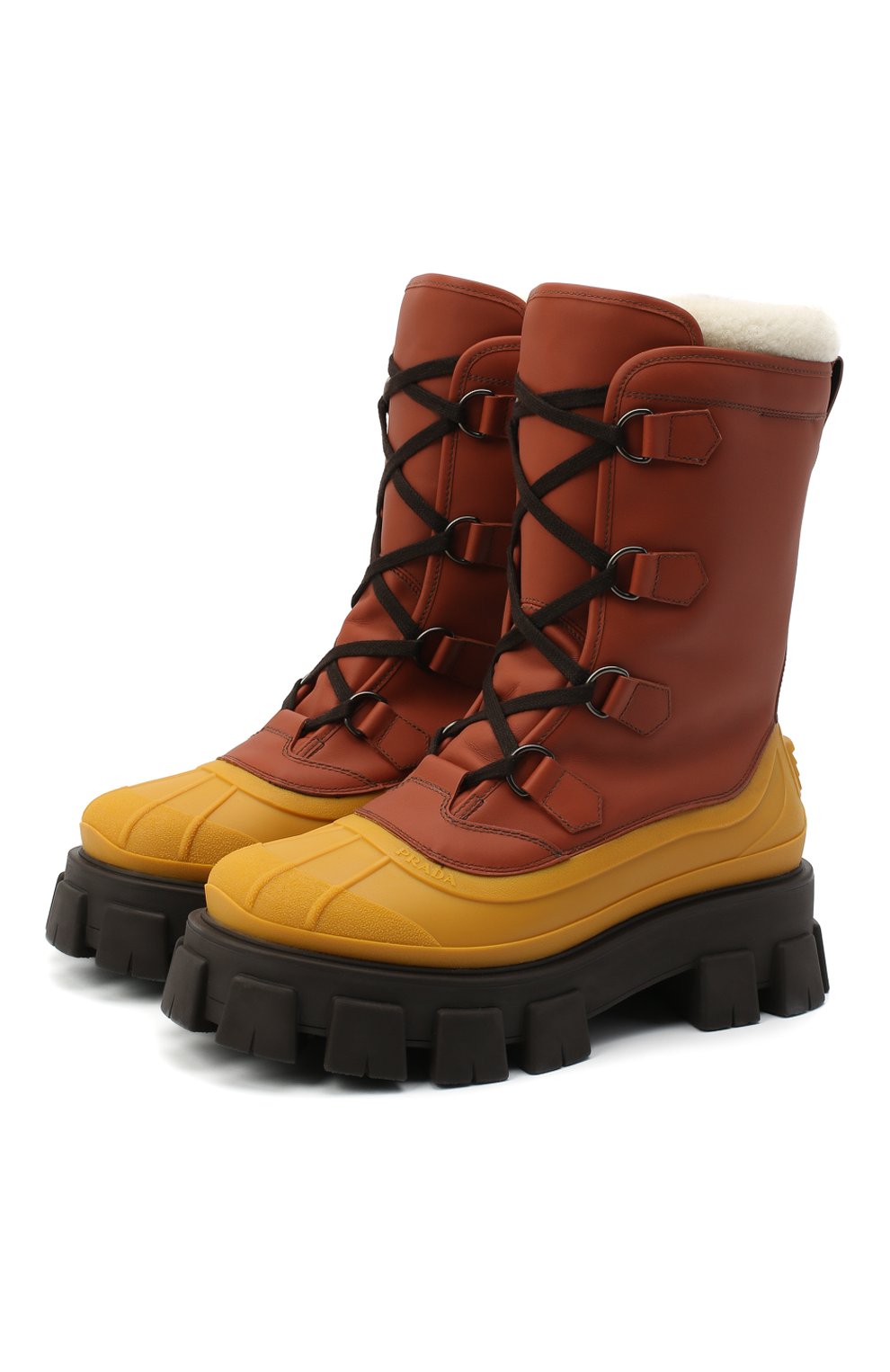 Мужские кожаные сапоги PRADA коричневого цвета, арт. 2UE014-3A6N-F0352-A000 | Фото 1 (Каблук высота: Высокий; Материал внешний: Кожа; Материал утеплителя: Натуральный мех; Мужское Кросс-КТ: зимние сапоги, Сапоги-обувь; Подошва: Массивная)