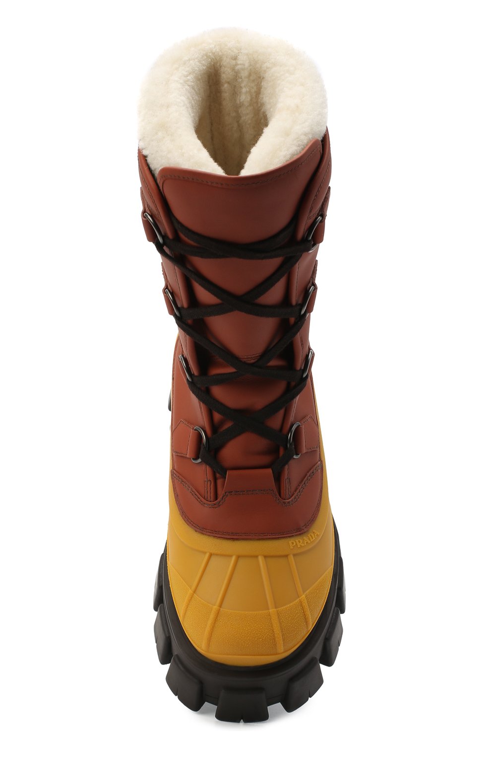 Мужские кожаные сапоги PRADA коричневого цвета, арт. 2UE014-3A6N-F0352-A000 | Фото 5 (Каблук высота: Высокий; Материал внешний: Кожа; Материал утеплителя: Натуральный мех; Мужское Кросс-КТ: зимние сапоги, Сапоги-обувь; Подошва: Массивная)