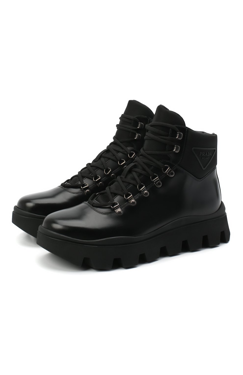 Мужские кожаные ботинки PRADA черного цвета, арт. 2TE170-3KZP-F0002-G000 | Фото 1 (Материал внешний: Кожа; Мужское Кросс-КТ: Хайкеры-обувь, Ботинки-обувь; Материал утеплителя: Без утеплителя; Подошва: Массивная)
