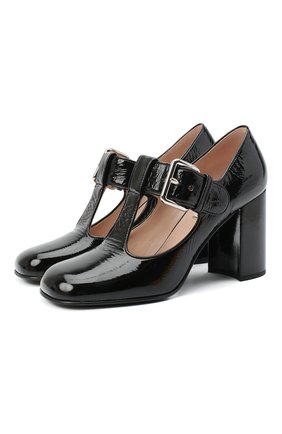 Женские кожаные туфли MIU MIU черного цвета, арт. 5I242D-3AQF-F0002-A085 | Фото 1 (Подошва: Плоская; Каблук высота: Высокий; Каблук тип: Устойчивый; Материал внешний: Кожа)