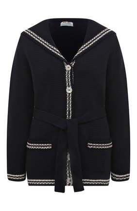 Женский шерстяной кардиган MIU MIU синего цвета по цене 125000 руб., арт. MMF355-1X0U-F0124 | Фото 1 Женский шерстяной кардиган MIU MIU синего цвета, арт. MMF355-1X0U-F0124 | Фото 1
