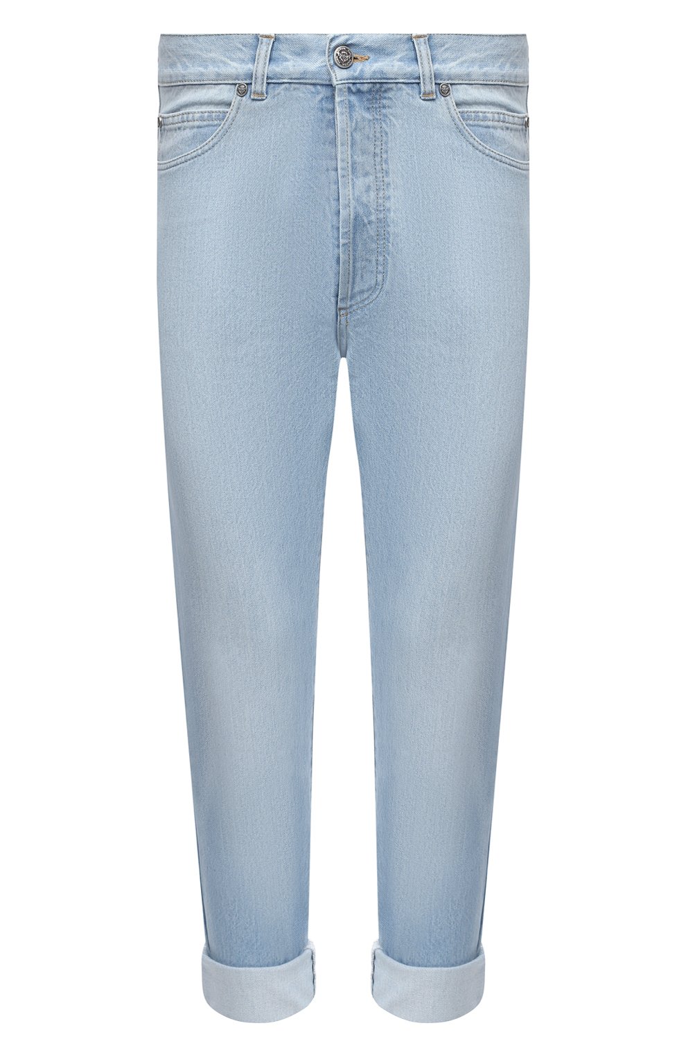 Мужские джинсы BALMAIN голубого цвета, арт. VH1MM000/119D | Фото 1 (Силуэт М (брюки): Прямые; Кросс-КТ: Деним; Материал внешний: Хлопок; Длина (брюки, джинсы): Укороченные; Стили: Кэжуэл)