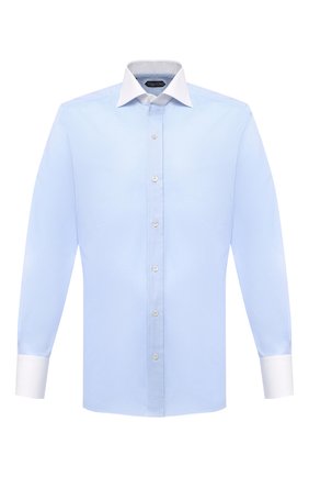 Мужская хлопковая сорочка TOM FORD голубого цвета по цене 44650 руб., арт. QFT192/94SWAX | Фото 1 Мужская хлопковая сорочка TOM FORD голубого цвета, арт. QFT192/94SWAX | Фото 1 (Манжеты: На пуговицах; Рубашки М: Slim Fit; Длина (для топов): Стандартные; Материал внешний: Хлопок; Рукава: Длинные; Случай: Формальный; Стили: Классический; Принт: Однотонные; Воротник: Акула)