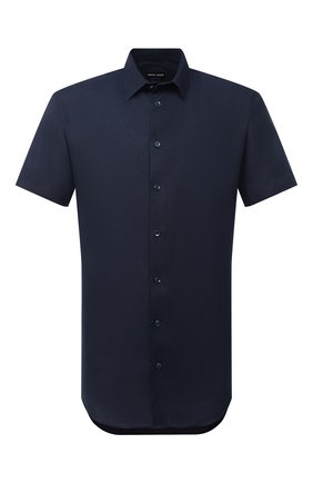 Мужская льняная рубашка GIORGIO ARMANI темно-синего цвета, арт. 8WGCCZ1V/TZ256 | Фото 1 (Стили: Кэжуэл; Случай: Повседневный; Рукава: Короткие; Длина (для топов): Стандартные; Рубашки М: Slim Fit; Принт: Однотонные; Материал внешний: Лен; Воротник: Кент)
