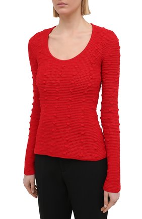 Женский хлопковый пуловер BOTTEGA VENETA красного цвета, арт. 647743/V0DW0 | Фото 3 (Рукава: Длинные; Длина (для топов): Стандартные; Региональные ограничения белый список (Axapta Mercury): RU; Материал внешний: Хлопок; Женское Кросс-КТ: Пуловер-одежда; Стили: Романтичный)