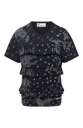 Женская хлопковая футболка REDVALENTINO синего цвета по цене 23850 руб., арт. VR3MG09P/5QC | Фото 1 Женская хлопковая футболка REDVALENTINO синего цвета, арт. VR3MG09P/5QC | Фото 1 (Стили: Романтичный; Принт: С принтом; Длина (для топов): Стандартные; Материал внешний: Хлопок; Рукава: Короткие; Женское Кросс-КТ: Футболка-одежда)