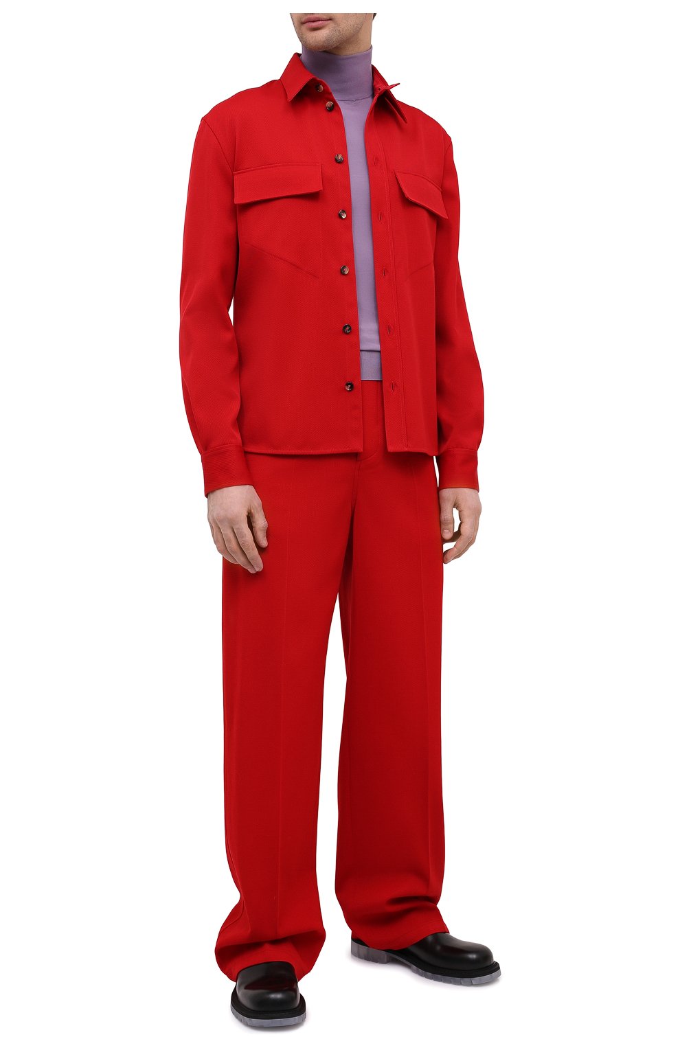 Мужская шерстяная рубашка BOTTEGA VENETA красного цвета, арт. 647397/V0B20 | Фото 2 (Манжеты: На пуговицах; Воротник: Кент; Материал внешний: Шерсть; Рукава: Длинные; Рубашки М: Regular Fit; Случай: Повседне вный; Длина (для топов): Стандартные; Региональные ограничения белый список (Axapta Mercury): RU; Принт: Однотонные; Стили: Минимализм)