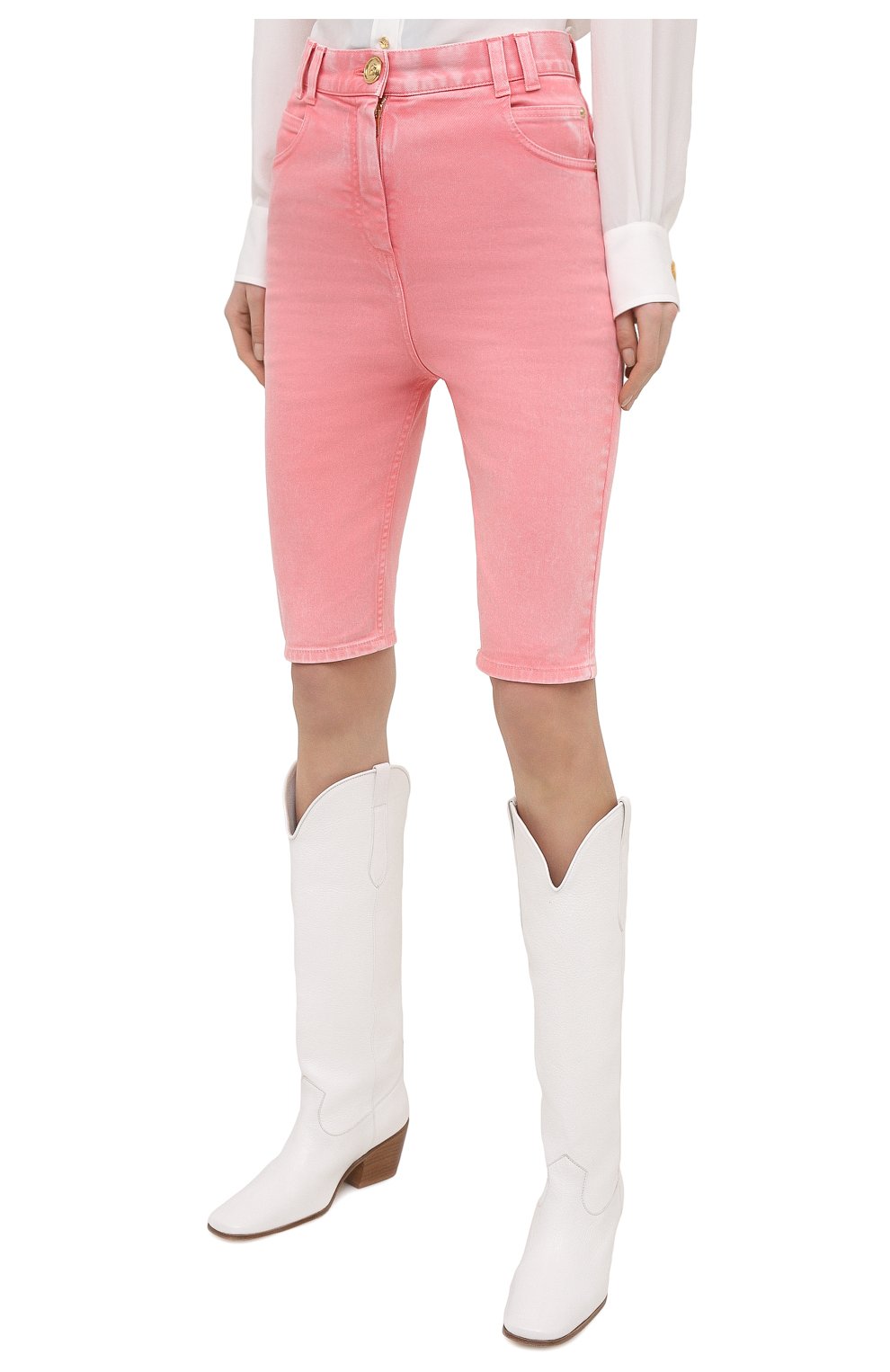 Женские джинсовые шорты BALMAIN розового цвета, арт. VF15425/D090 | Фото 3 (Женское Кросс-КТ: Шорты-одежда; Кросс-КТ: Деним; Стили: Спорт-шик, Кэжуэл; Материал внешний: Деним; Длина Ж (юбки, платья, шорты): До колена)