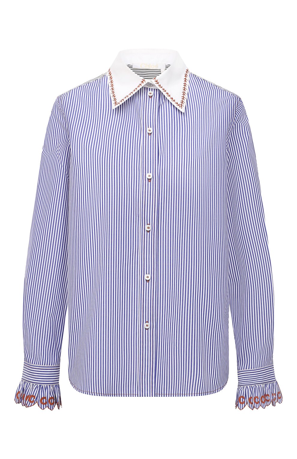 Женская хлопковая рубашка CHLOÉ голубого цвета, арт. CHC21SHT73045 | Фото 1 (Рукава: Длинные; Принт: Полоска, С принтом; Женское Кросс-КТ: Рубашка-одежда; Длина (для топов): Стандартные; Региональные ограничения белый список (Axapta Mercury): RU; Материал внешний: Хлопок; Стили: Кэжуэл)