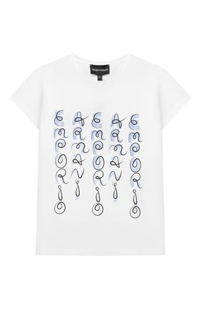 Детская хлопковая футболка EMPORIO ARMANI белого цвета по цене 5985 руб., арт. 3K3T01/3J2IZ | Фото 1 Детская хлопковая футболка EMPORIO ARMANI белого цвета, арт. 3K3T01/3J2IZ | Фото 1 (Материал внешний: Хлопок; Рукава: Короткие; Девочки Кросс-КТ: футболка-одежда; Ростовка одежда: 10 - 11 лет | 140 - 146см, 13 - 15 лет | 158 см, 16 лет | 164 см, 4 года | 104 см, 5 лет | 110 см, 6 лет | 116 см, 7 лет | 122 см, 8 лет | 128 см)